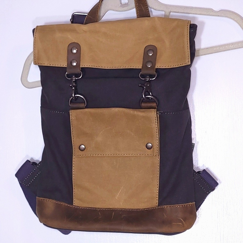 TSD Brand Earth & Style Canvas Leather Backpack Navy Blue & Tan Rugged Rucksack - Picture 5 of 11